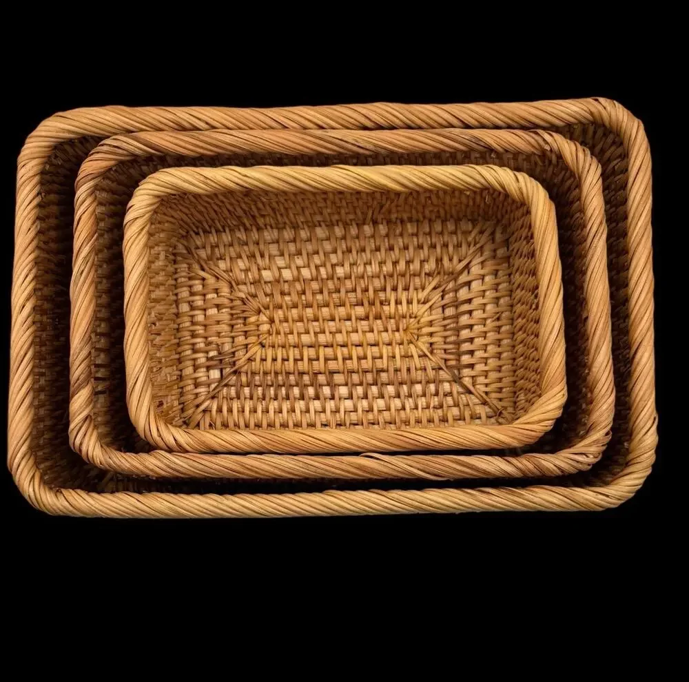 Set of 3 Woven Rattan Nesting Wicker Baskets Storage Decorative Rectangular Bins
